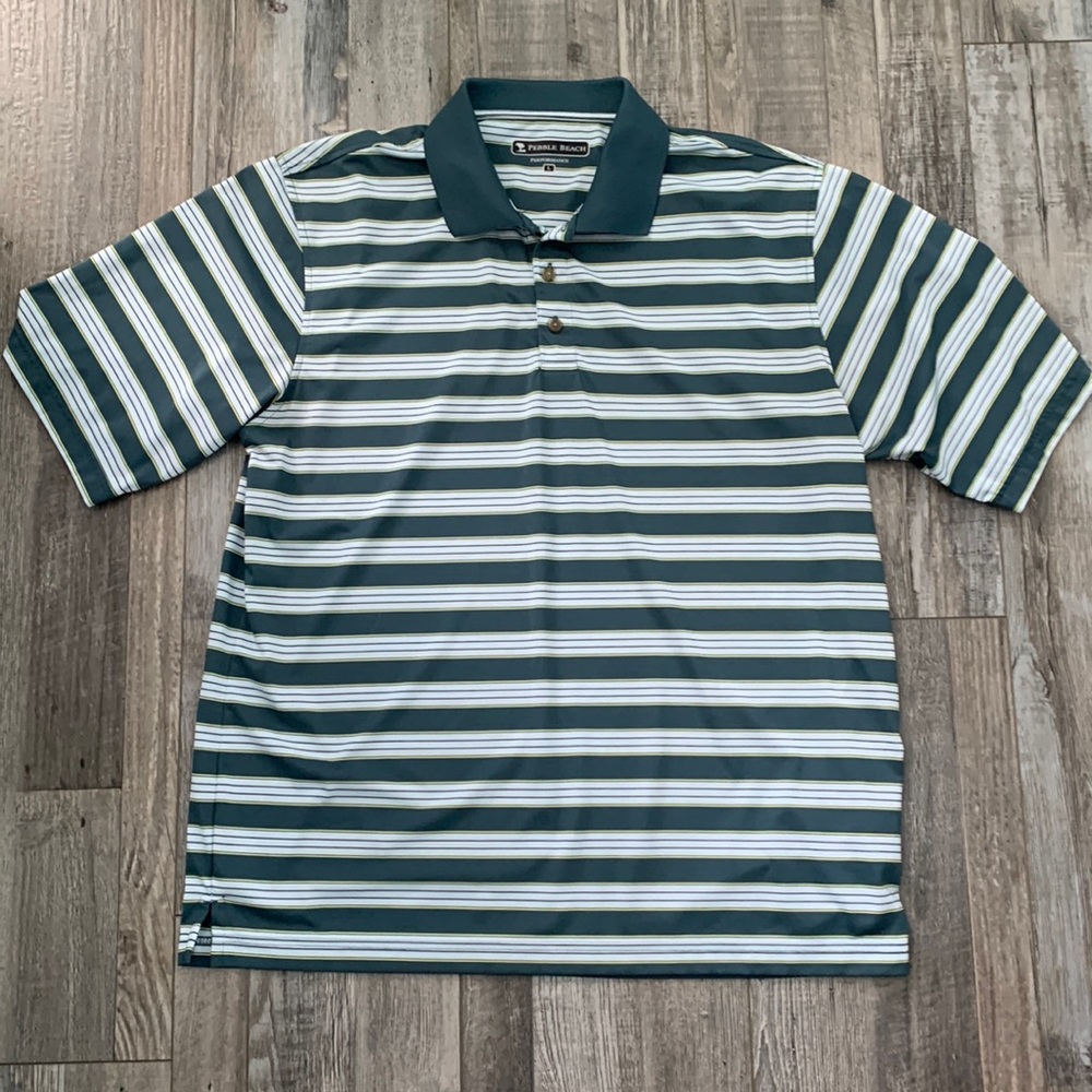 Pebble Beach Performance Series Golf Polo Shirt. Mens Large. Green stripes